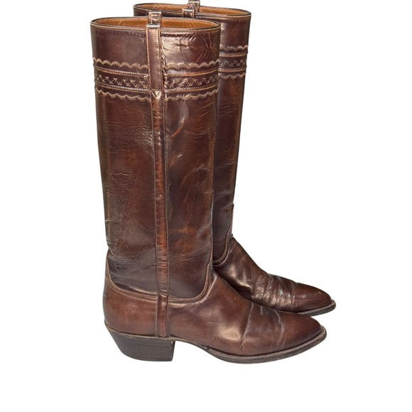 Lucchese Shoes - Lucchese Leather Tall Western Boots Size 9B Made in USA Vintage Riding Brown